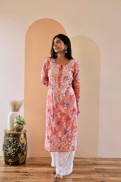 Rahat Long Mul Chikankari Kurti (Carrot pink)