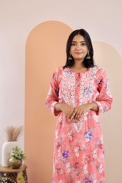 Rahat Long Mul Chikankari Kurti (Carrot pink)