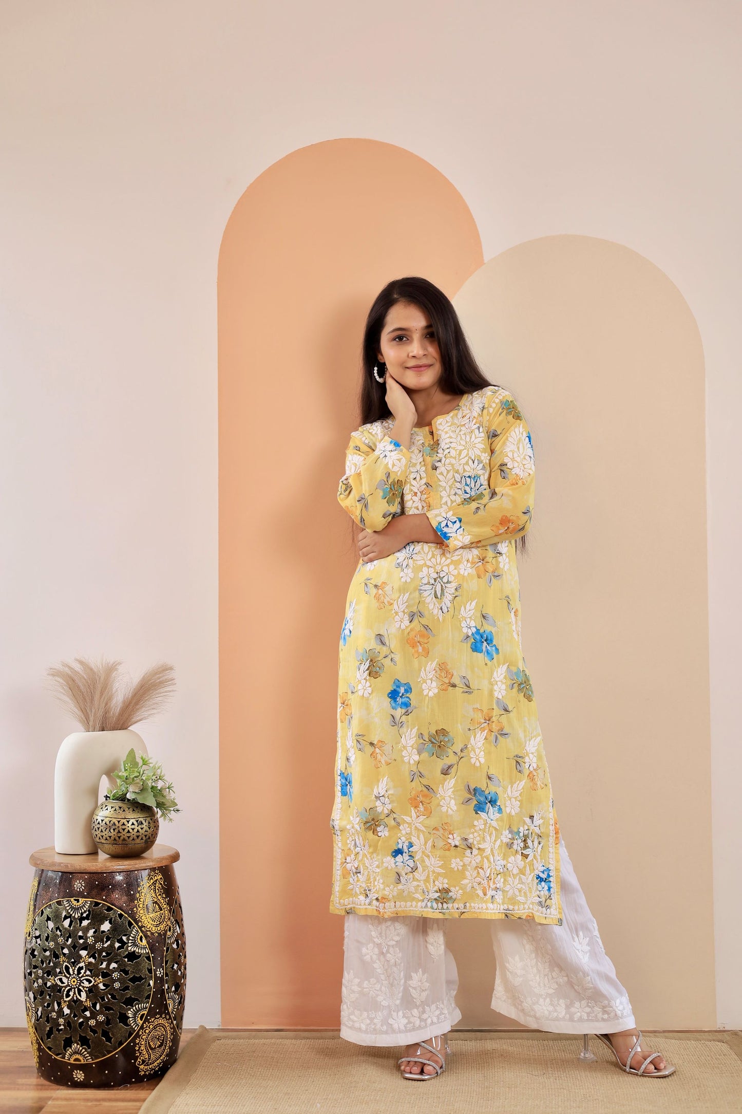 Rahat Long Mul Chikankari Kurti ( Yellow)