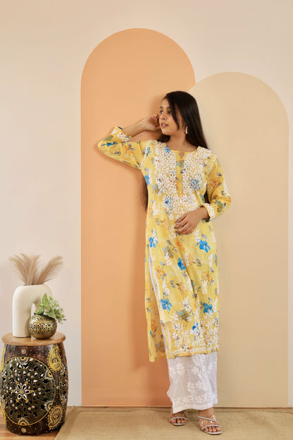 Rahat Long Mul Chikankari Kurti ( Yellow)