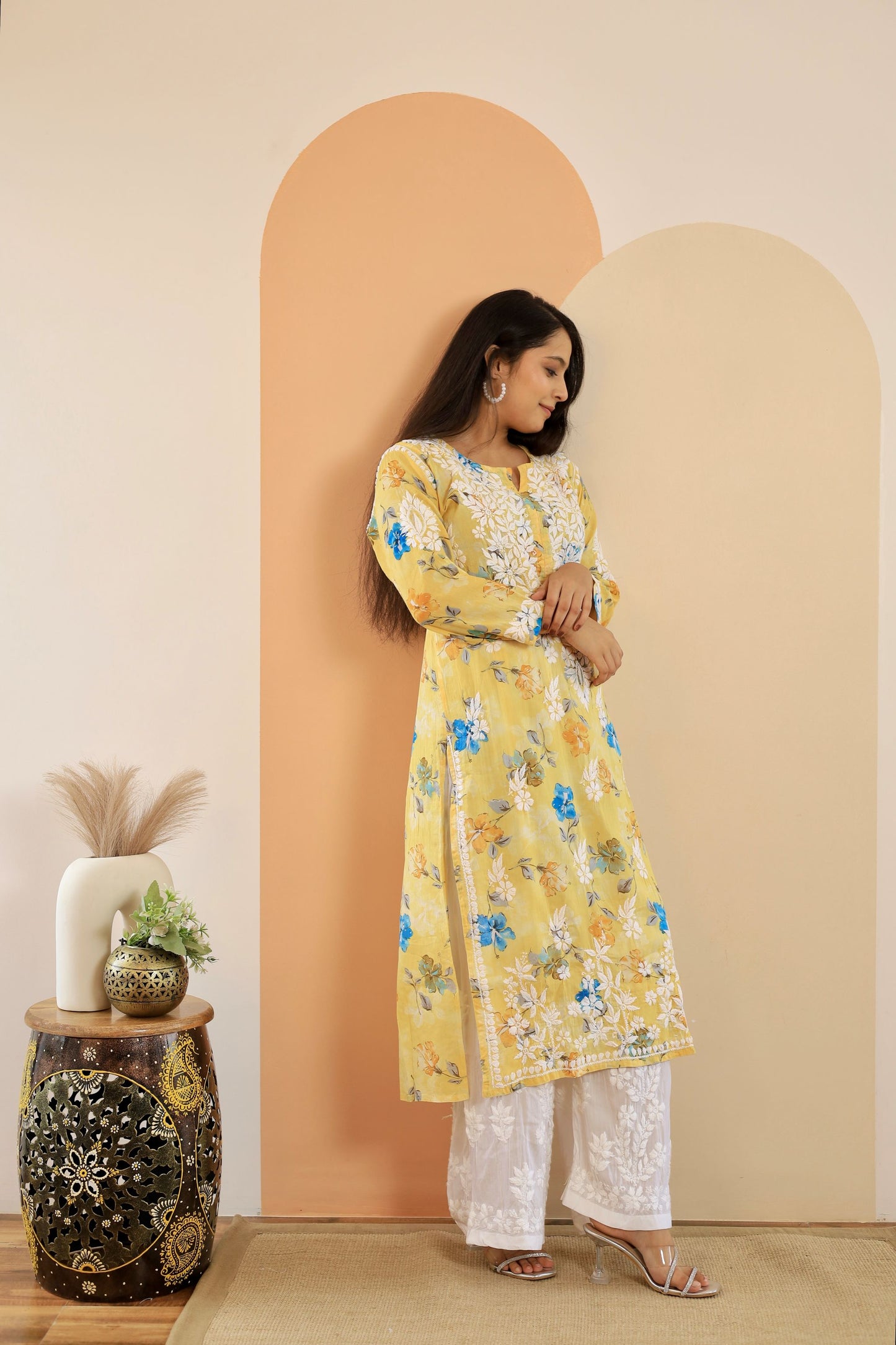 Rahat Long Mul Chikankari Kurti ( Yellow)