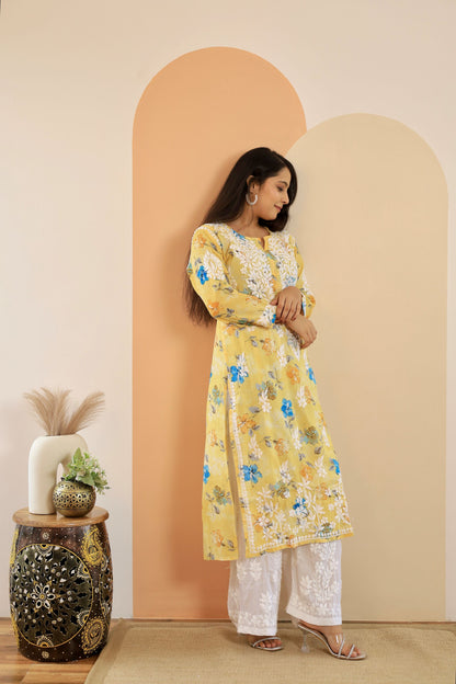 Rahat Long Mul Chikankari Kurti ( Yellow)