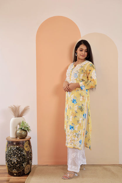 Rahat Long Mul Chikankari Kurti ( Yellow)