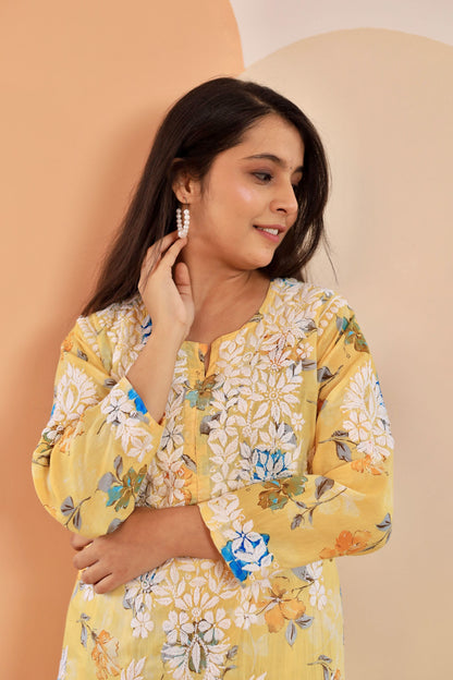 Rahat Long Mul Chikankari Kurti ( Yellow)