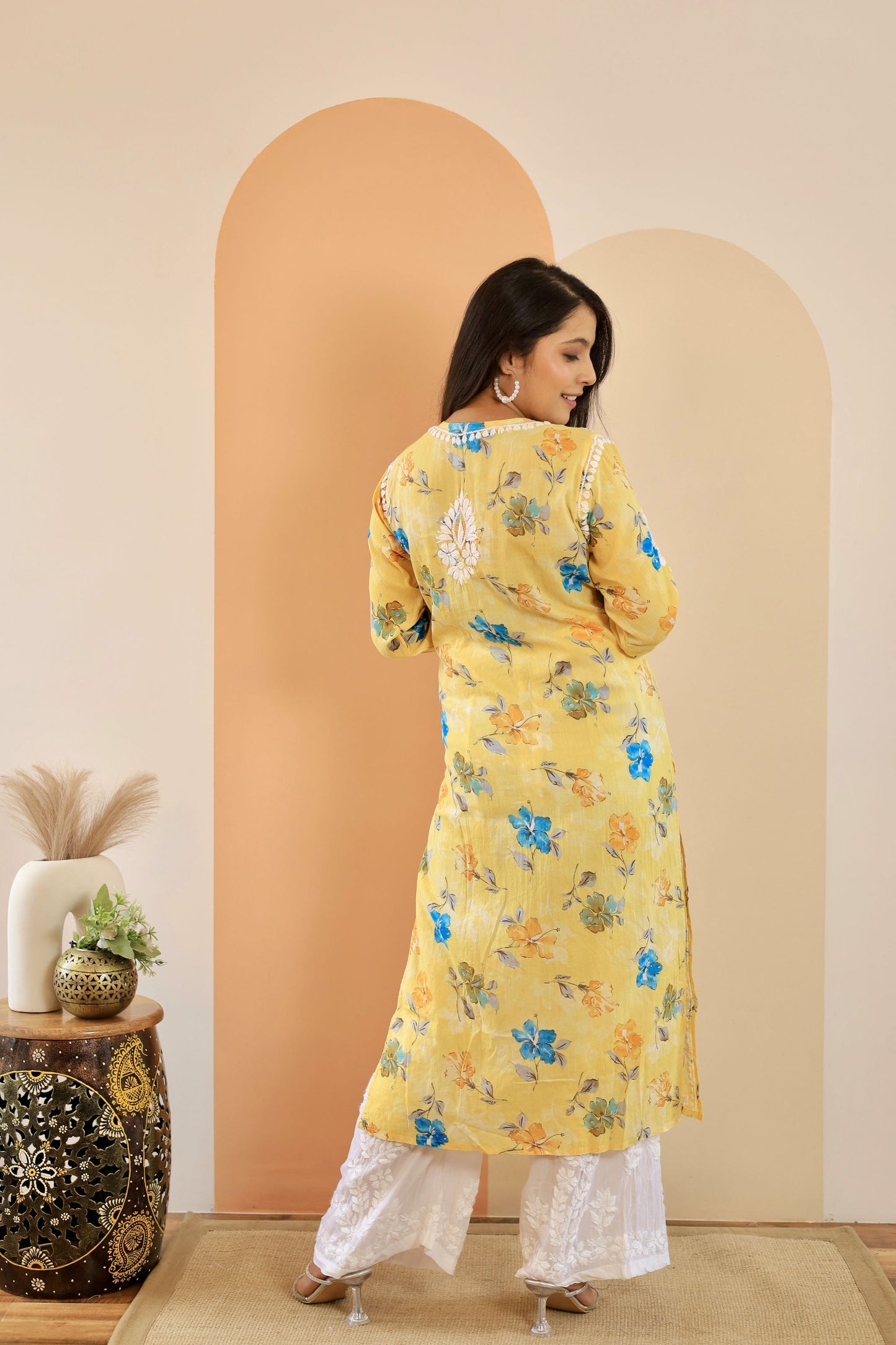 Rahat Long Mul Chikankari Kurti ( Yellow)