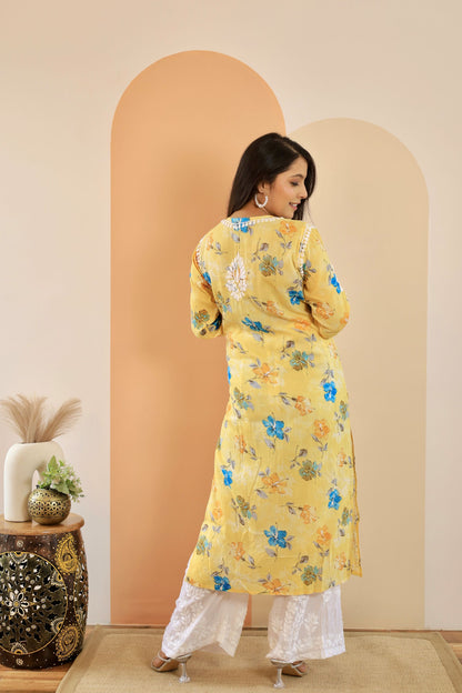 Rahat Long Mul Chikankari Kurti ( Yellow)