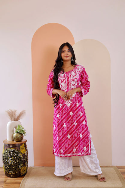Naaz Long Chikankari Kurti in Hot Pink