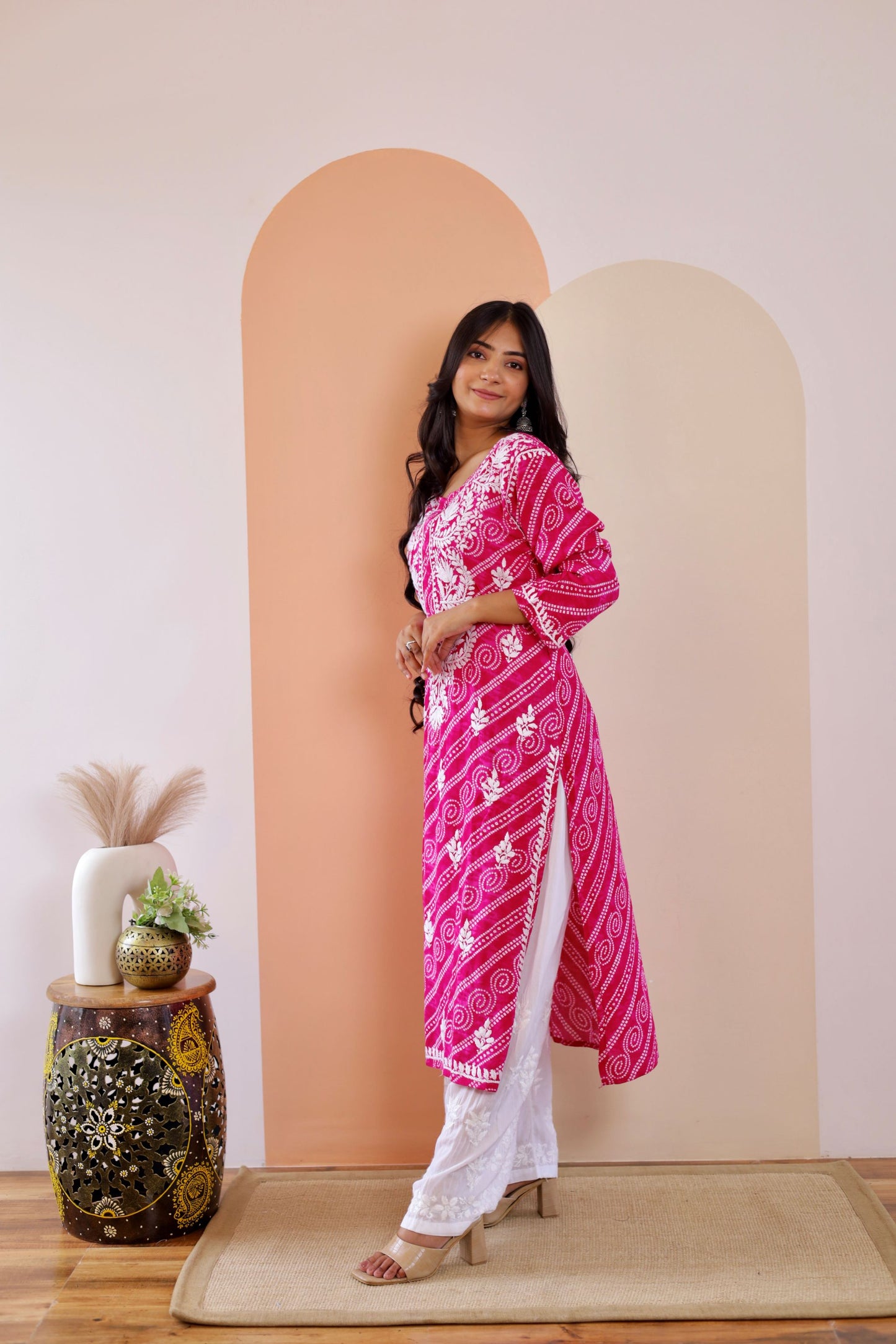 Naaz Long Chikankari Kurti in Hot Pink