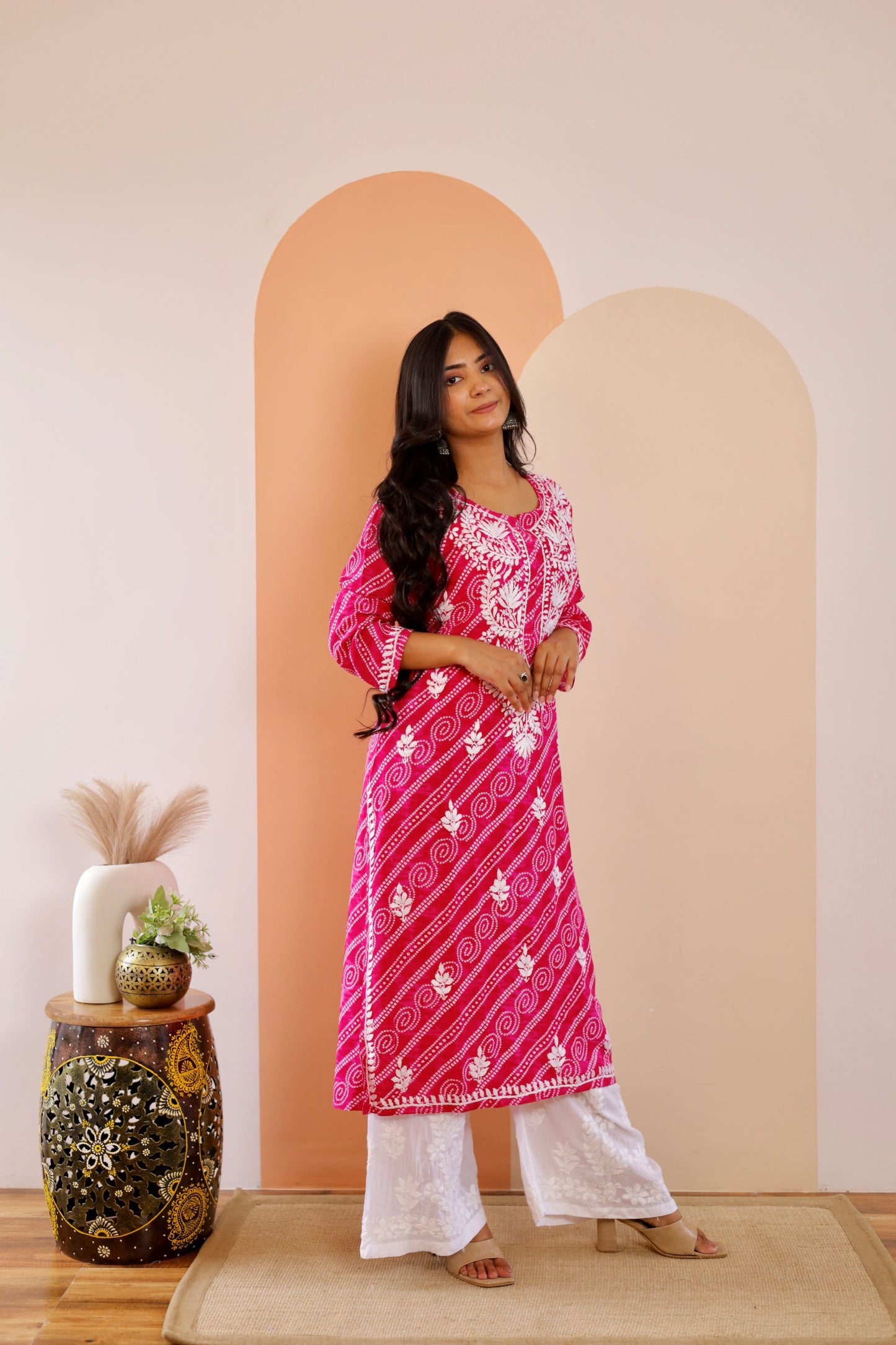 Naaz Long Chikankari Kurti in Hot Pink