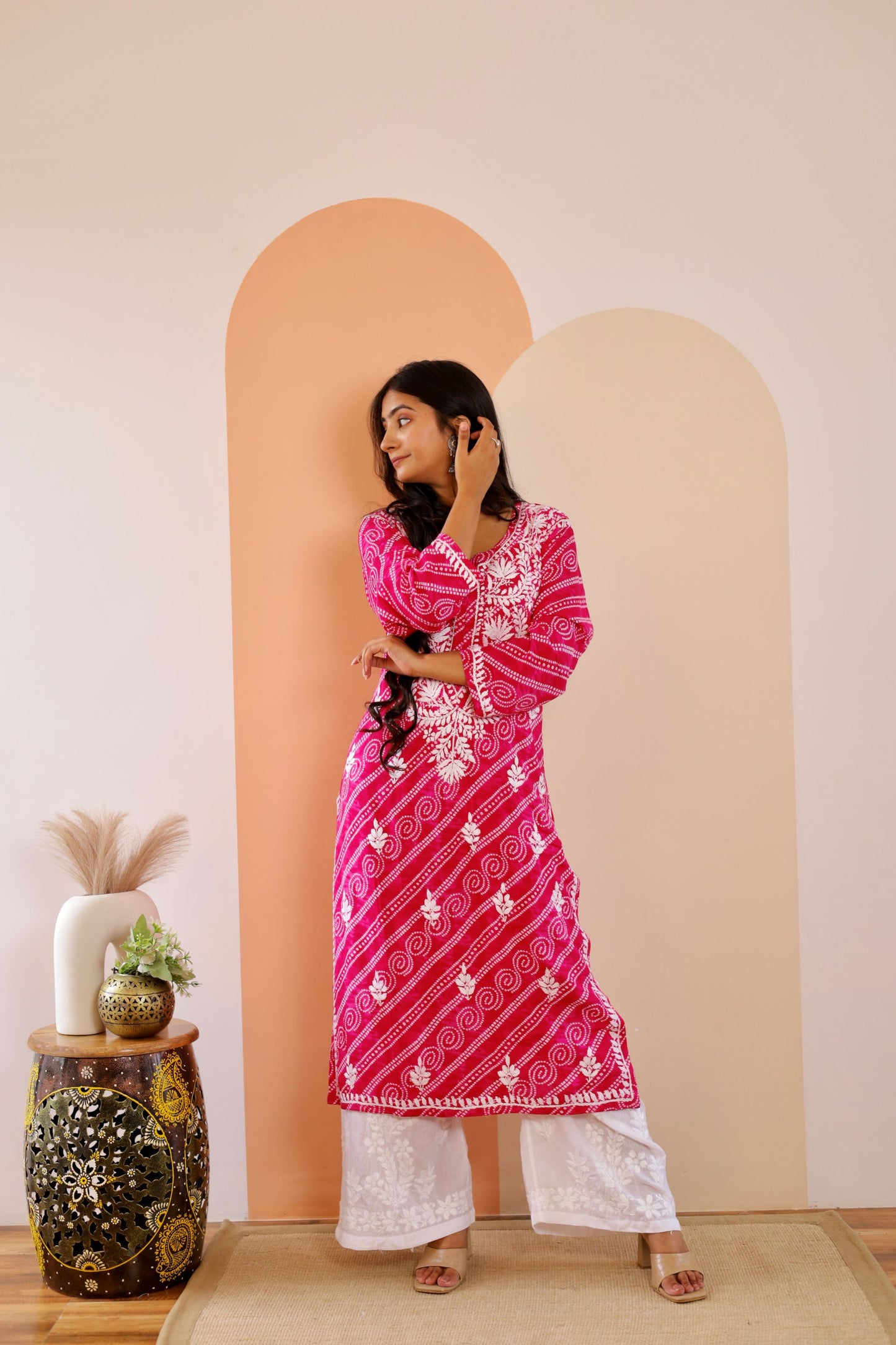 Naaz Long Chikankari Kurti in Hot Pink