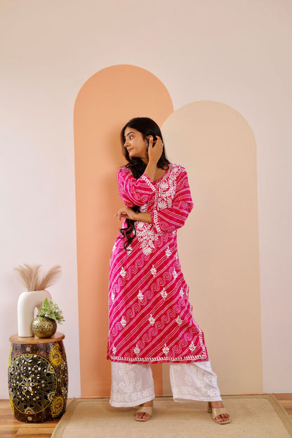 Naaz Long Chikankari Kurti in Hot Pink