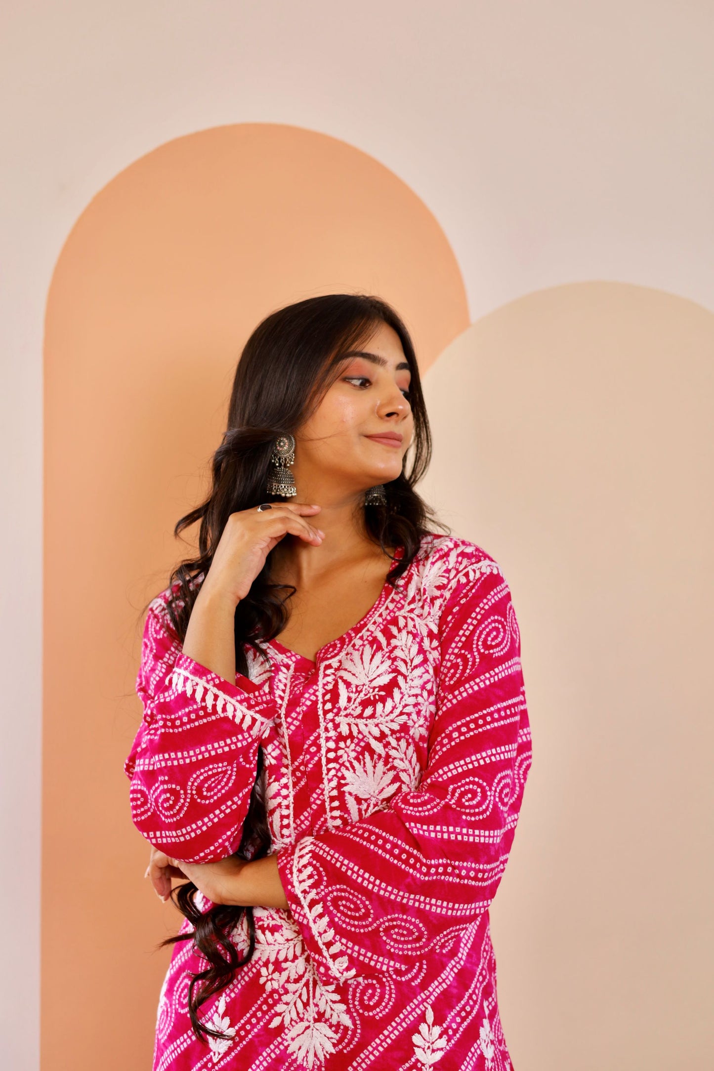 Naaz Long Chikankari Kurti in Hot Pink