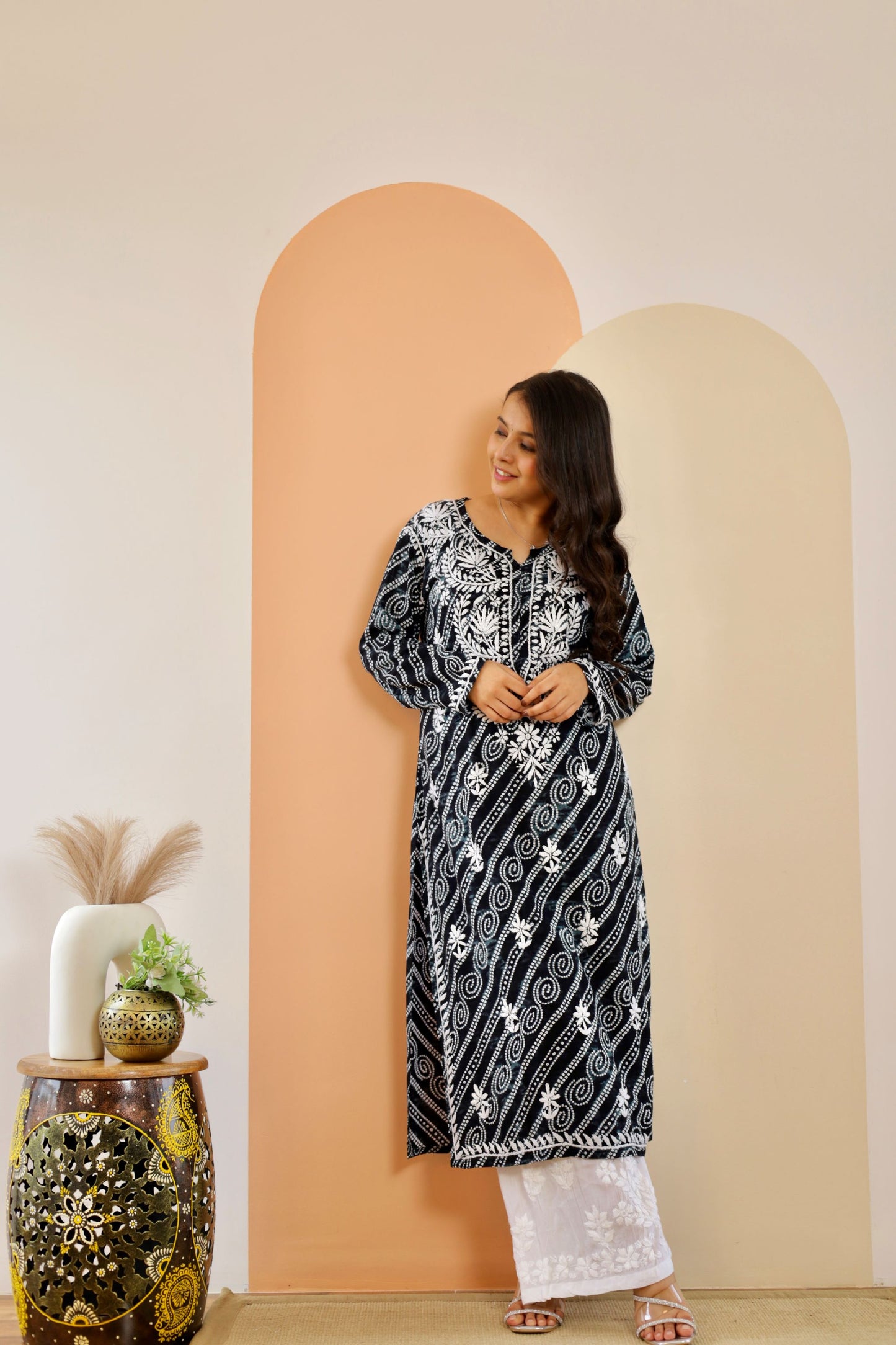 Naaz Long Chikankari Kurti in Black