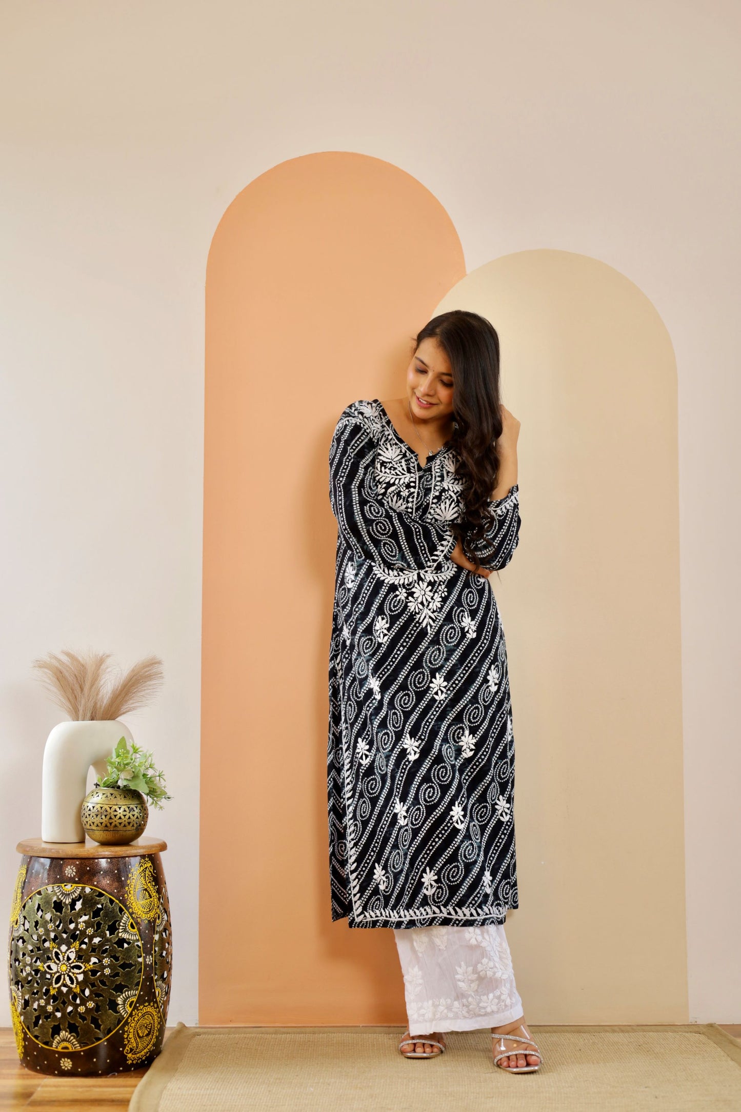 Naaz Long Chikankari Kurti in Black