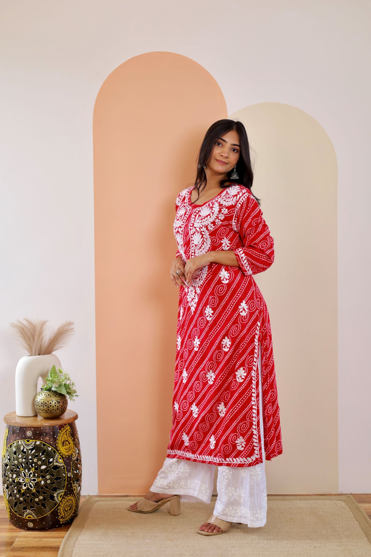Naaz Long Chikankari Kurti in Red