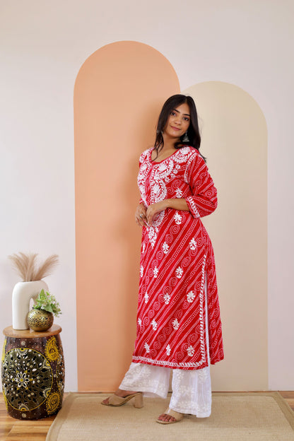 Naaz Long Chikankari Kurti in Red