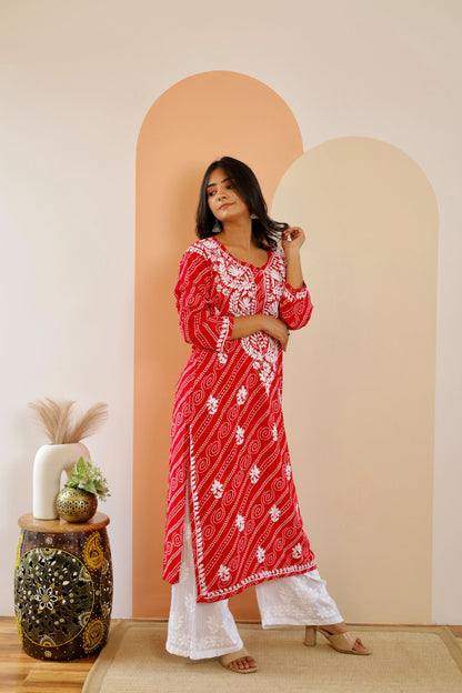 Naaz Long Chikankari Kurti in Red
