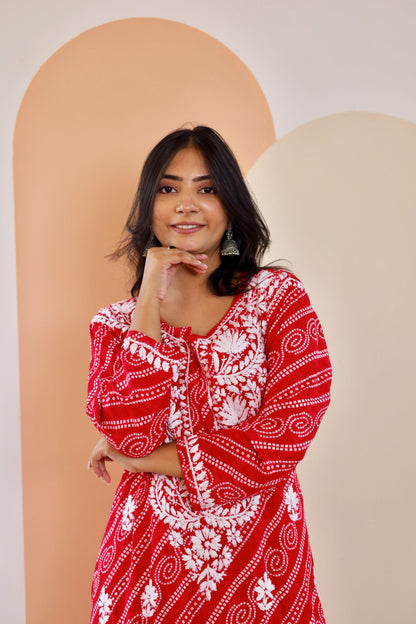 Naaz Long Chikankari Kurti in Red
