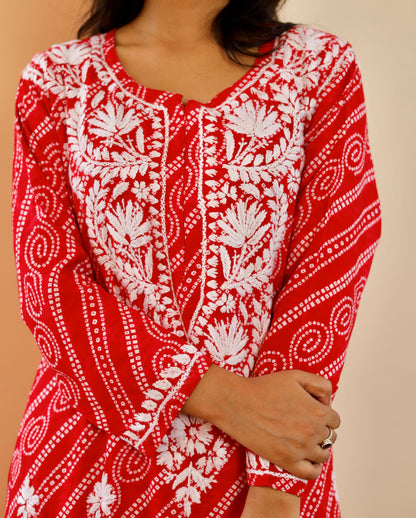 Naaz Long Chikankari Kurti in Red