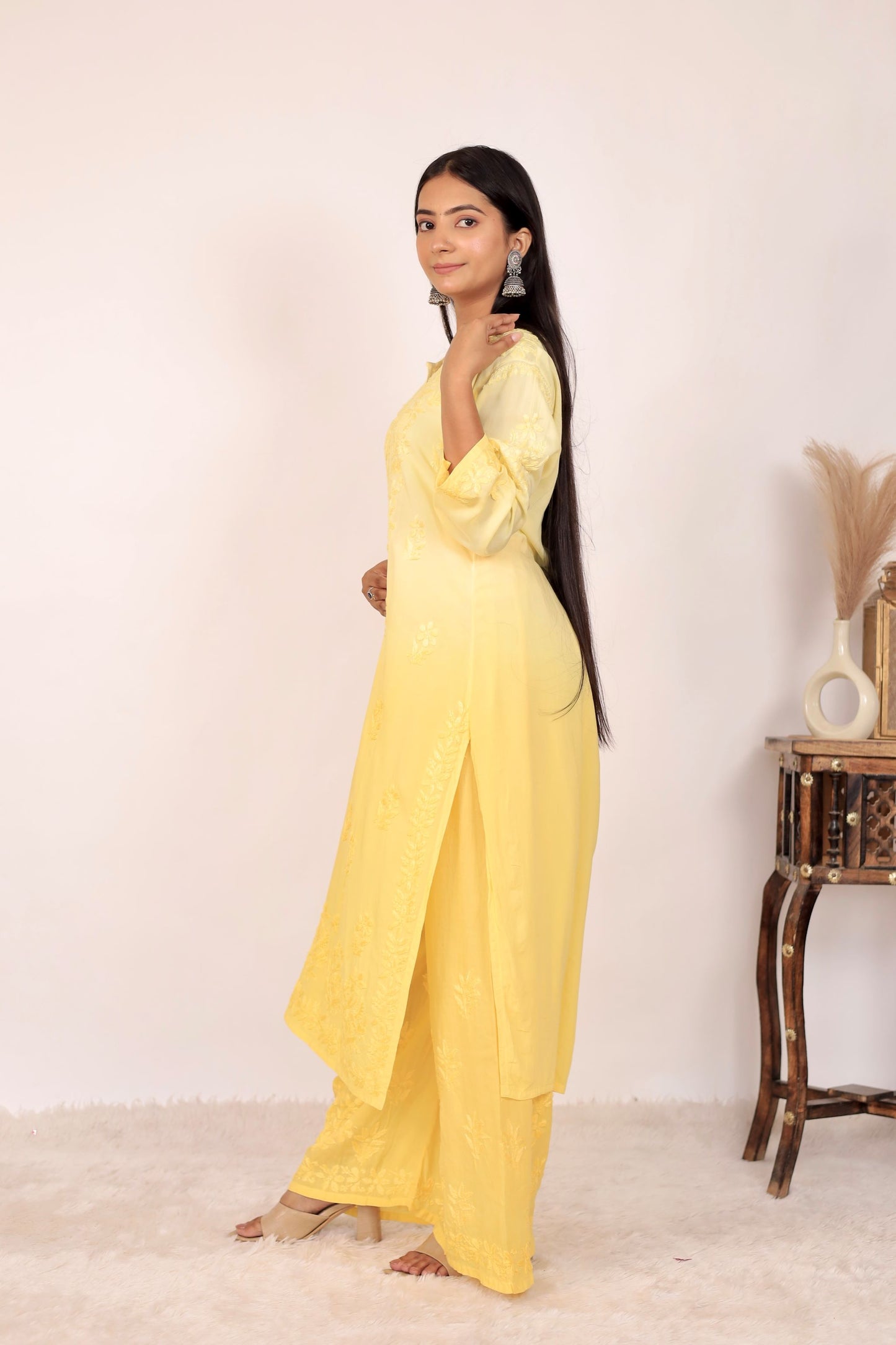 Riya Premium Modal Chikankari Kurti and Palazzo set ( Yellow)