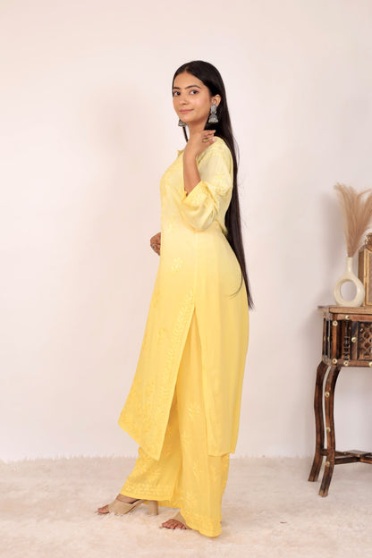 Riya Premium Modal Chikankari Kurti and Palazzo set ( Yellow)