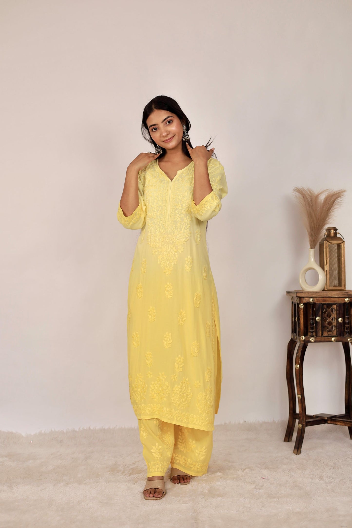 Riya Premium Modal Chikankari Kurti and Palazzo set ( Yellow)