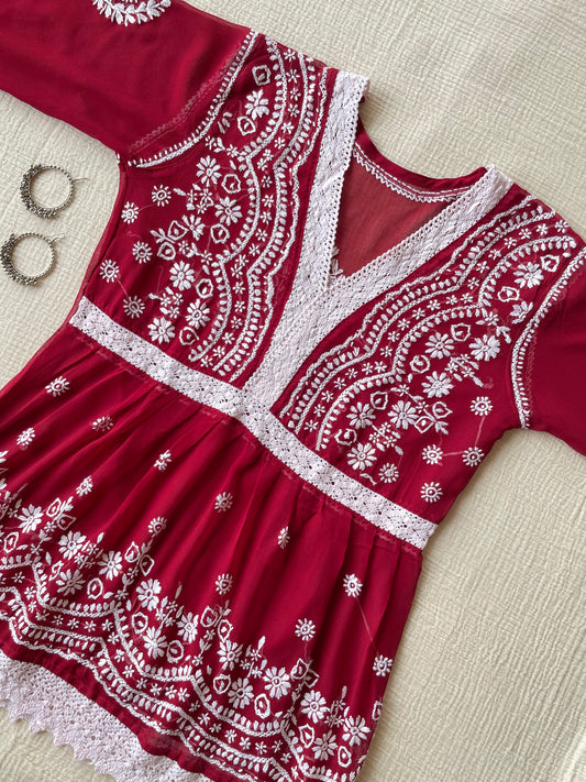 Chikankari Peplum Kurti (Maroon)