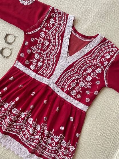 Chikankari Peplum Kurti (Maroon)