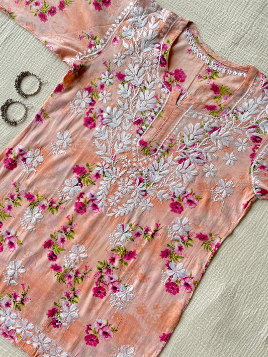 Mul Mul Chikankari Kurti (Peach)