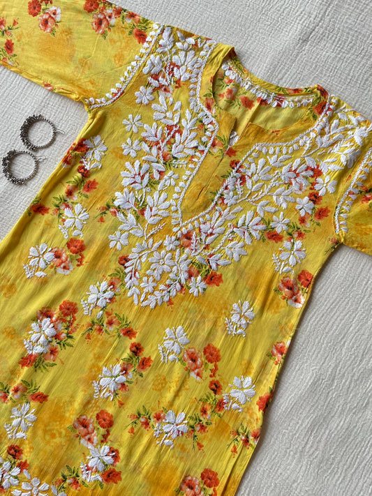 Mul Mul Chikankari Kurti(Yellow)