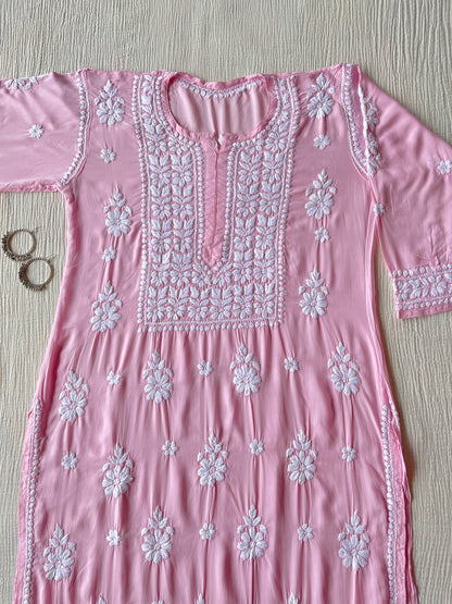 Nazakat Modal Chikankari kurta(Pink)
