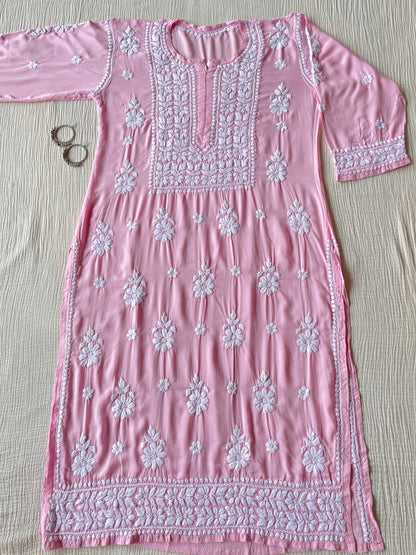 Nazakat Modal Chikankari kurta(Pink)