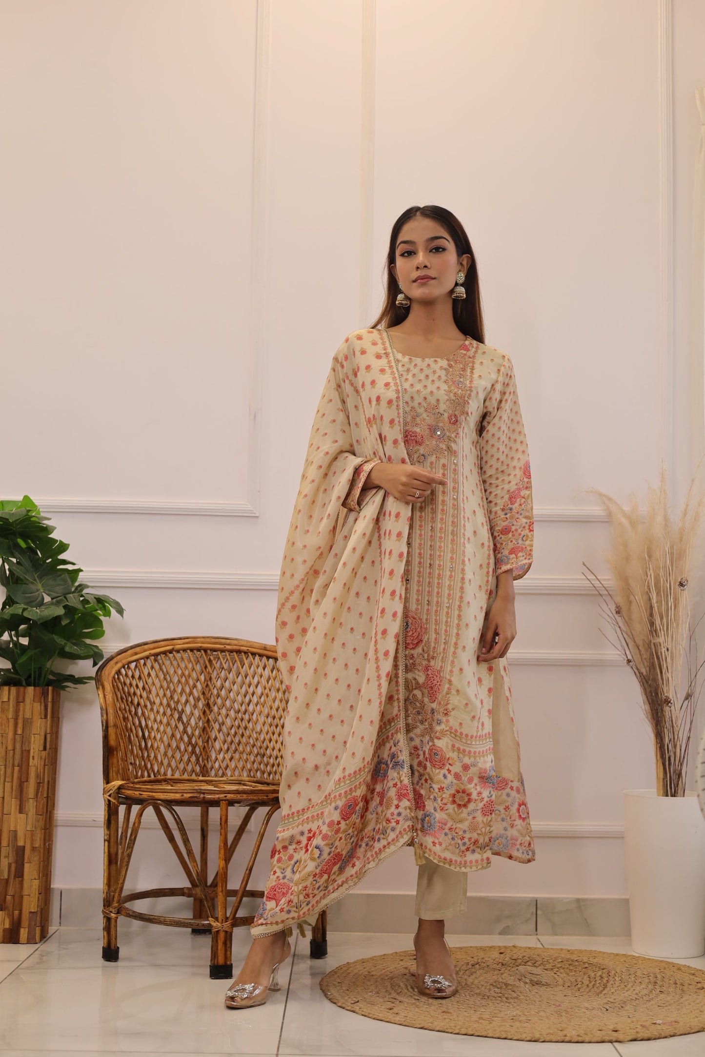 Golden Mirror Work Muslin Suit Set ( Golden ) - Set of 3