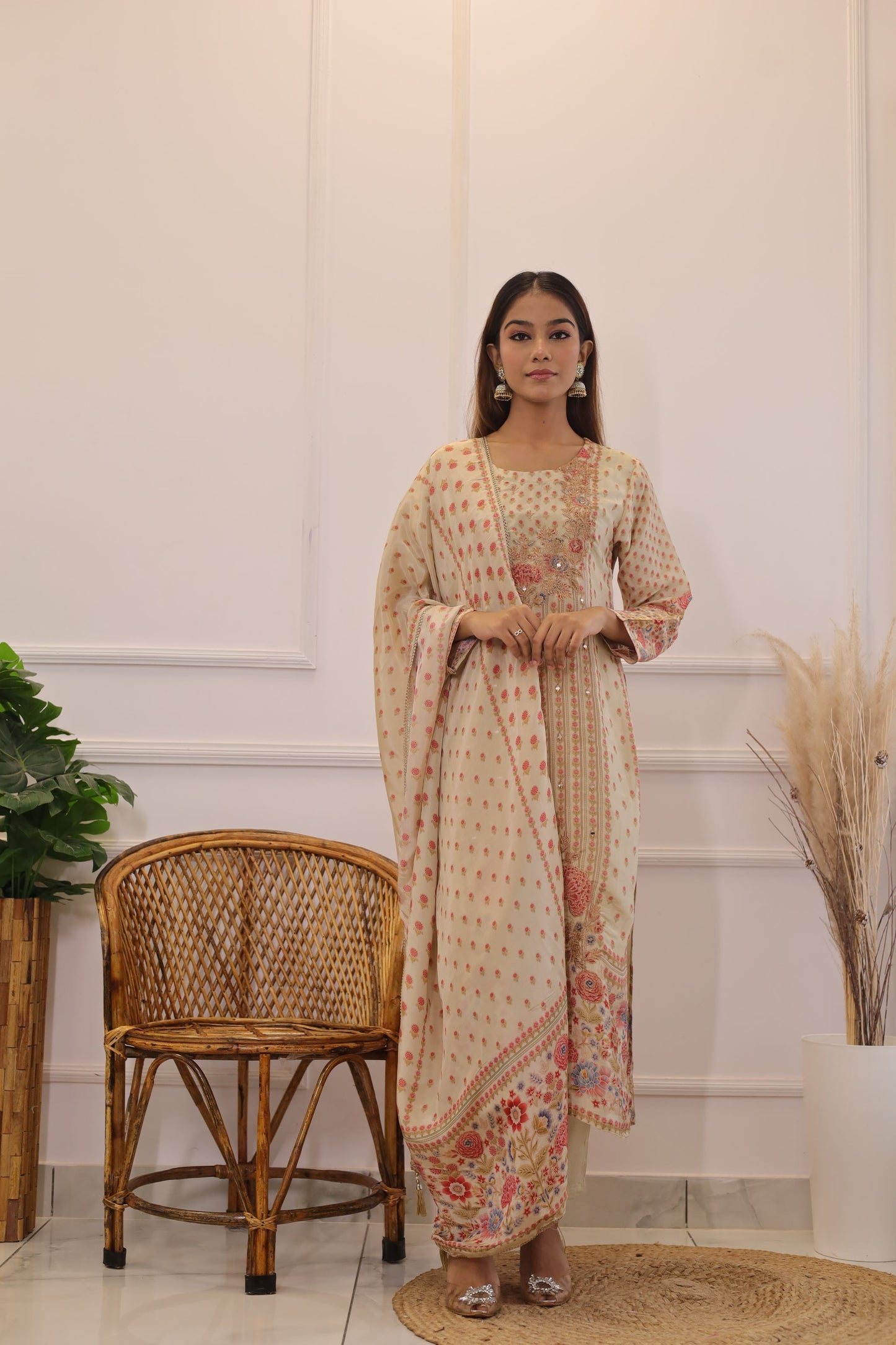 Golden Mirror Work Muslin Suit Set ( Golden ) - Set of 3