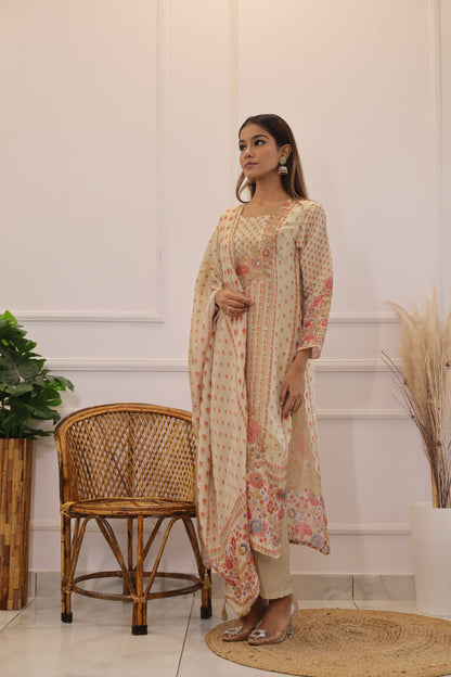 Golden Mirror Work Muslin Suit Set ( Golden ) - Set of 3