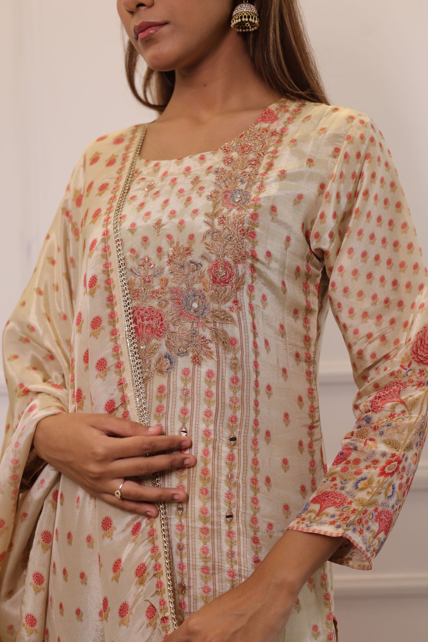 Golden Mirror Work Muslin Suit Set ( Golden ) - Set of 3