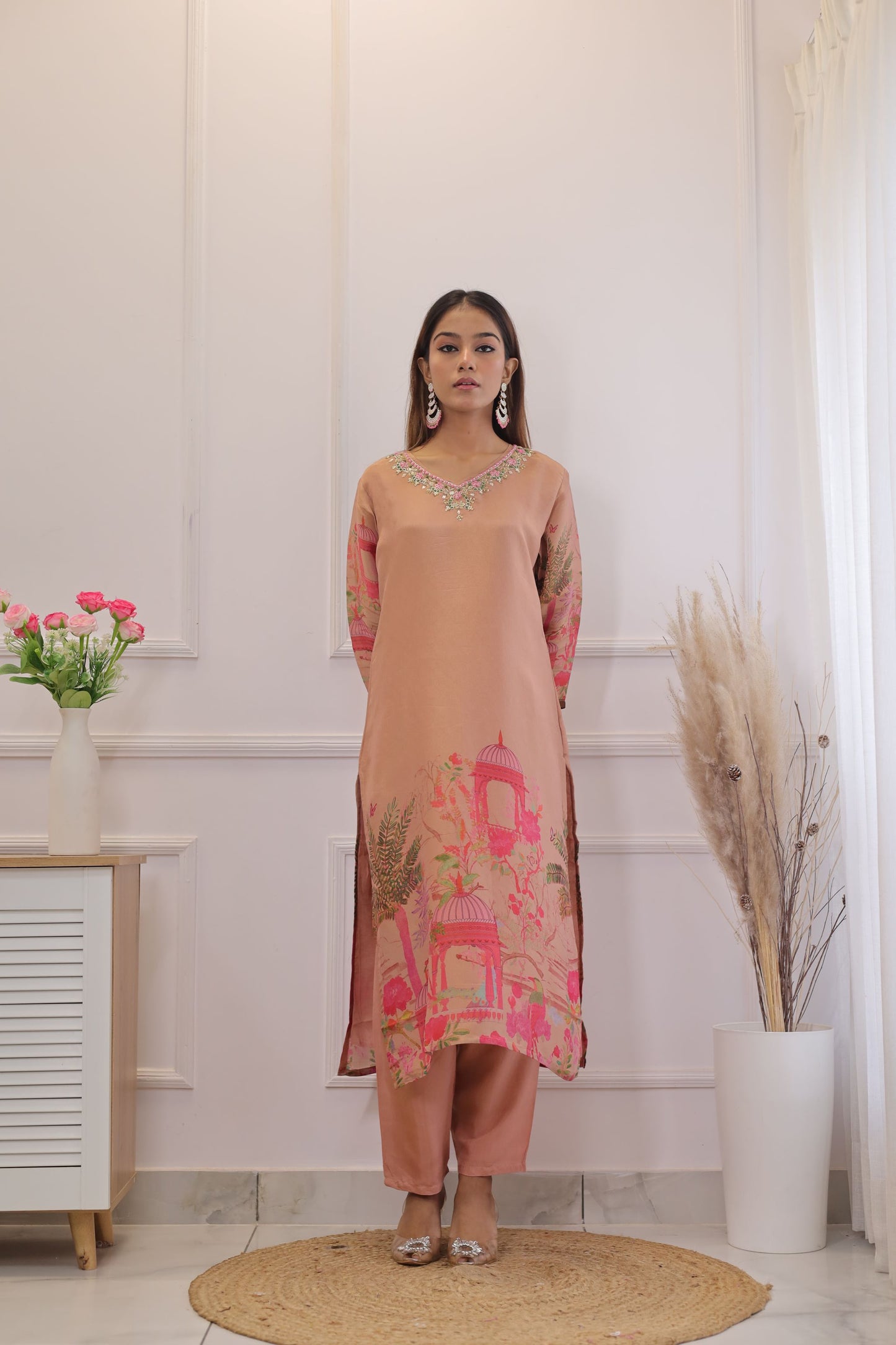 Shimmer Tissue Printed Kurta set  (Peach) - set of 3