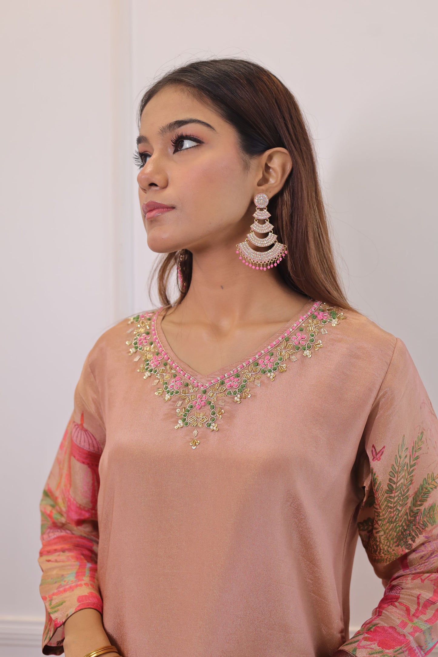 Shimmer Tissue Printed Kurta set  (Peach) - set of 3