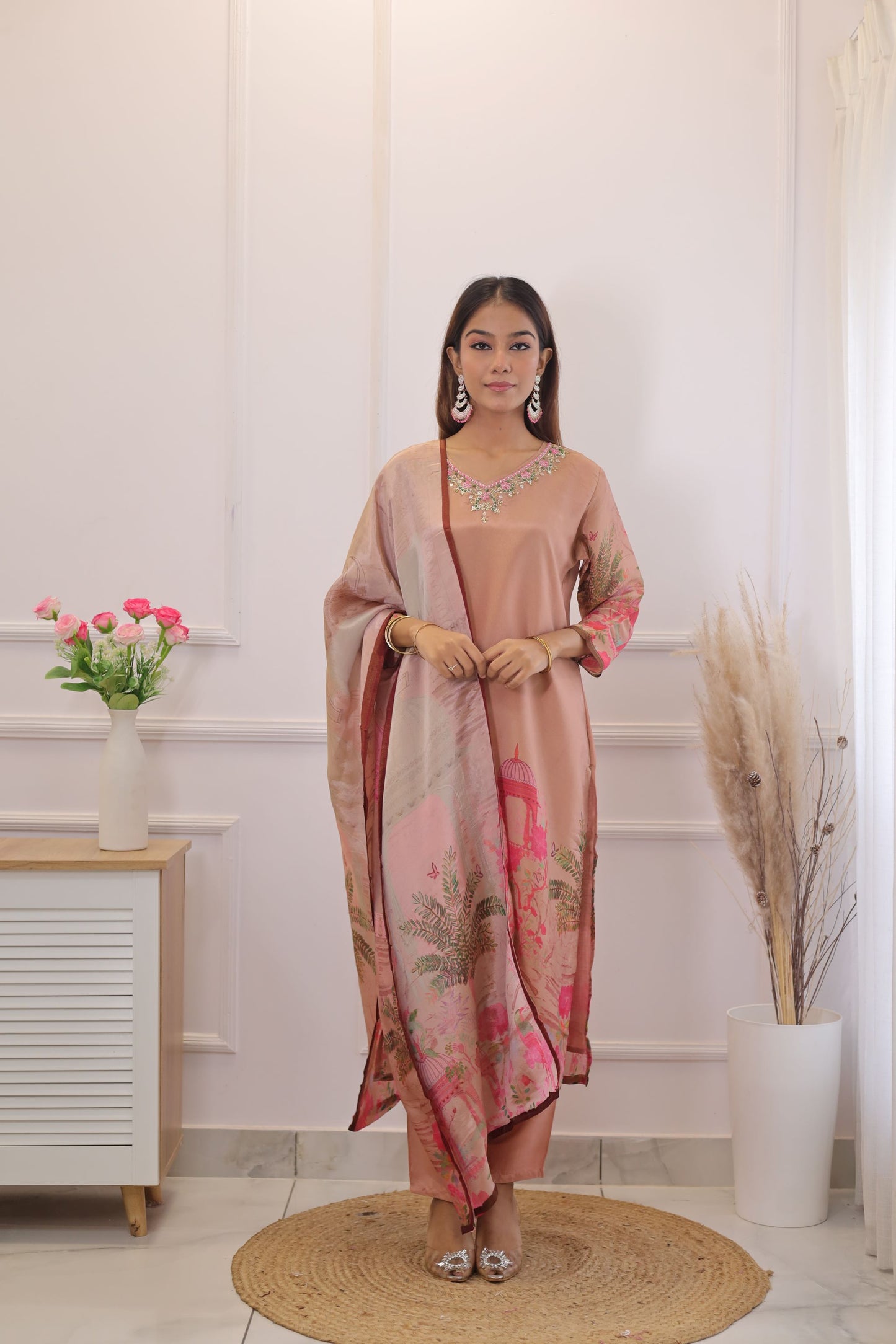 Shimmer Tissue Printed Kurta set  (Peach) - set of 3