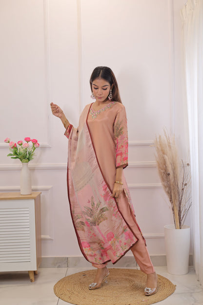 Shimmer Tissue Printed Kurta set  (Peach) - set of 3