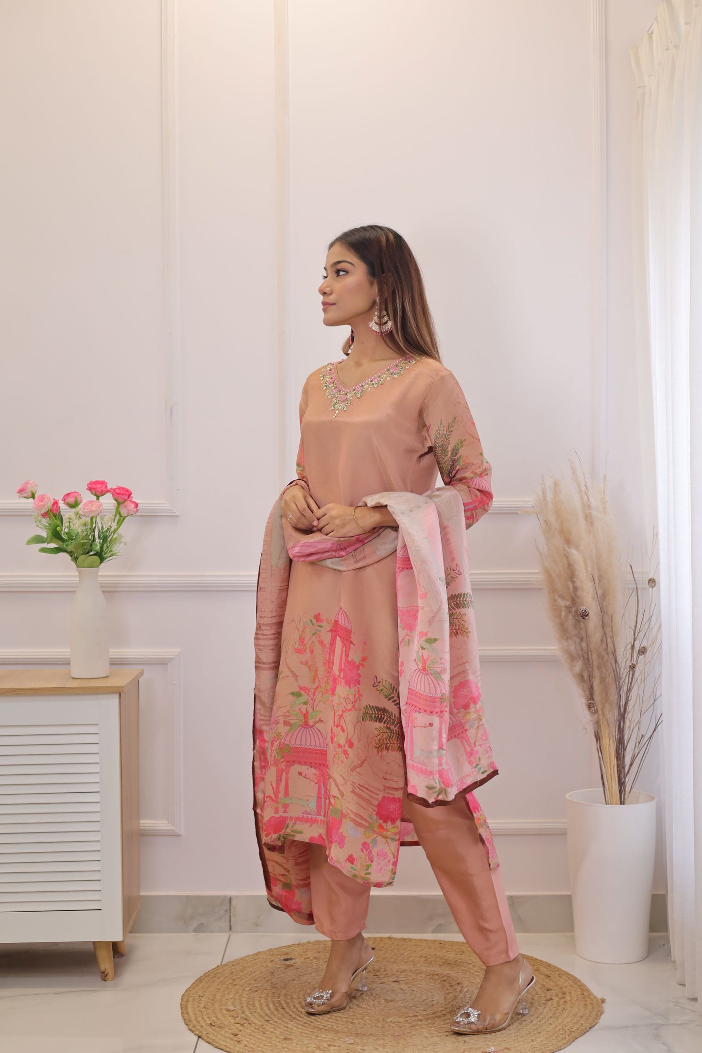 Shimmer Tissue Printed Kurta set  (Peach) - set of 3