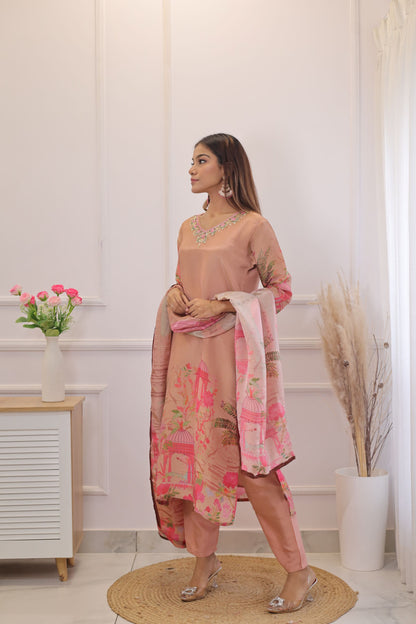 Shimmer Tissue Printed Kurta set  (Peach) - set of 3