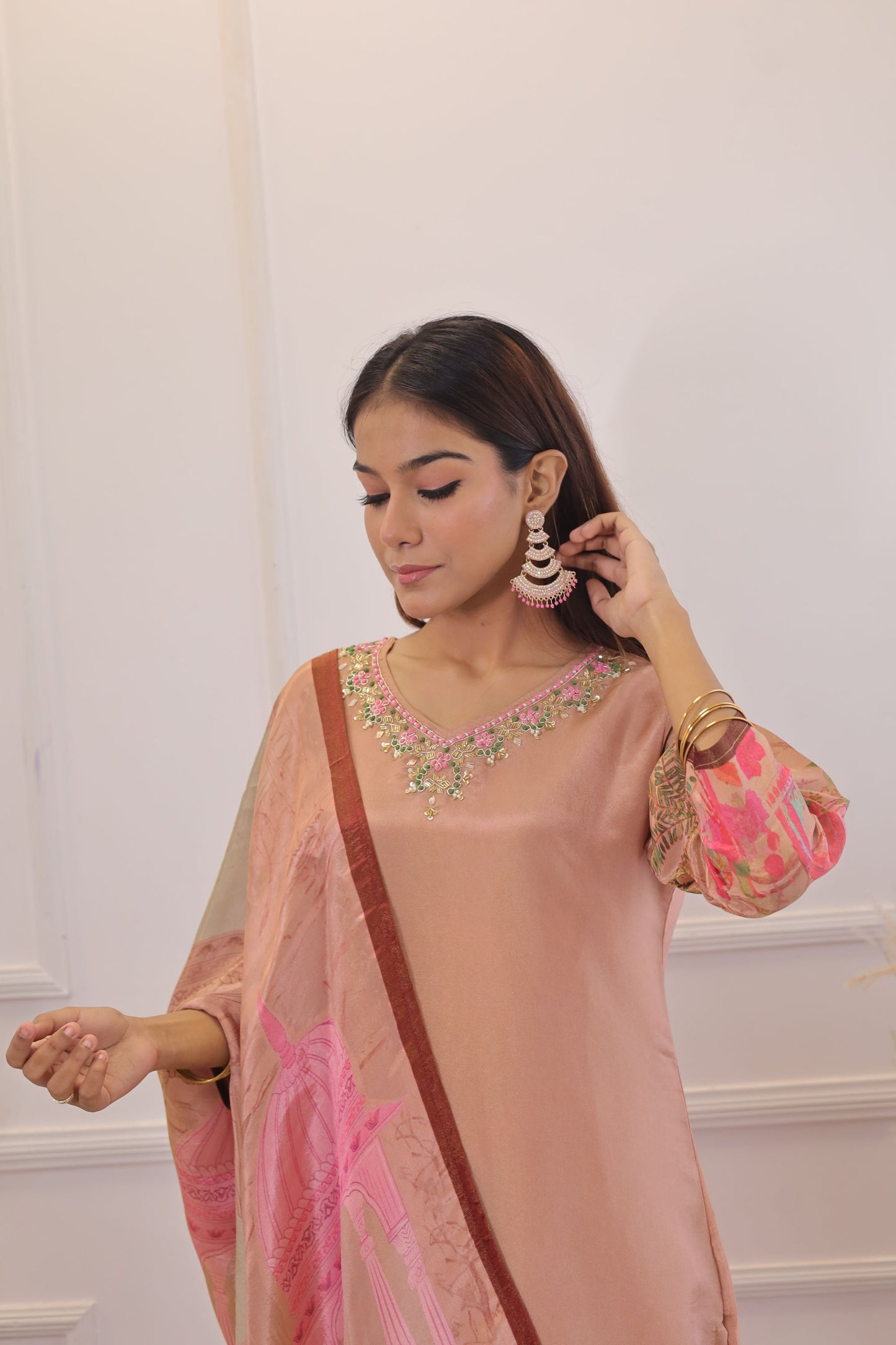 Shimmer Tissue Printed Kurta set  (Peach) - set of 3