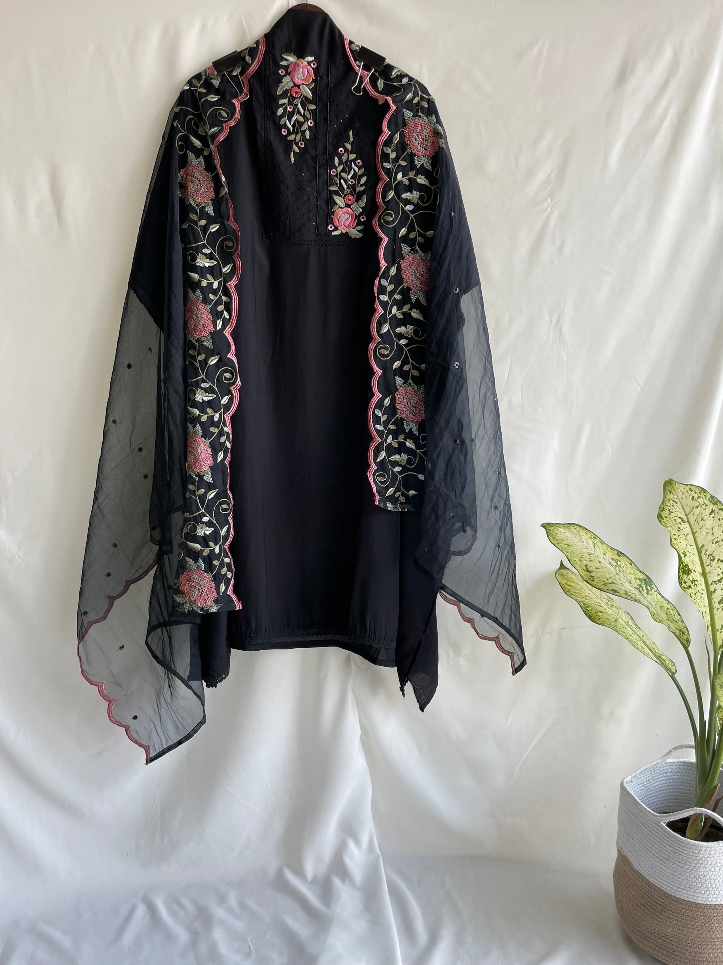 Black Unstitched suit set with cut dana work on neck and Beautiful Embroidered Dupatta