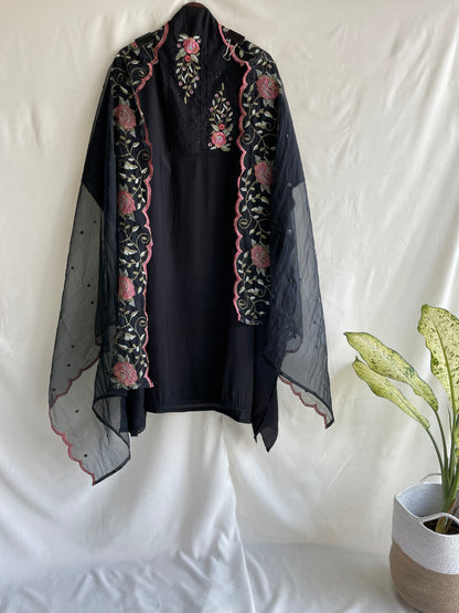 Black Unstitched suit set with cut dana work on neck and Beautiful Embroidered Dupatta