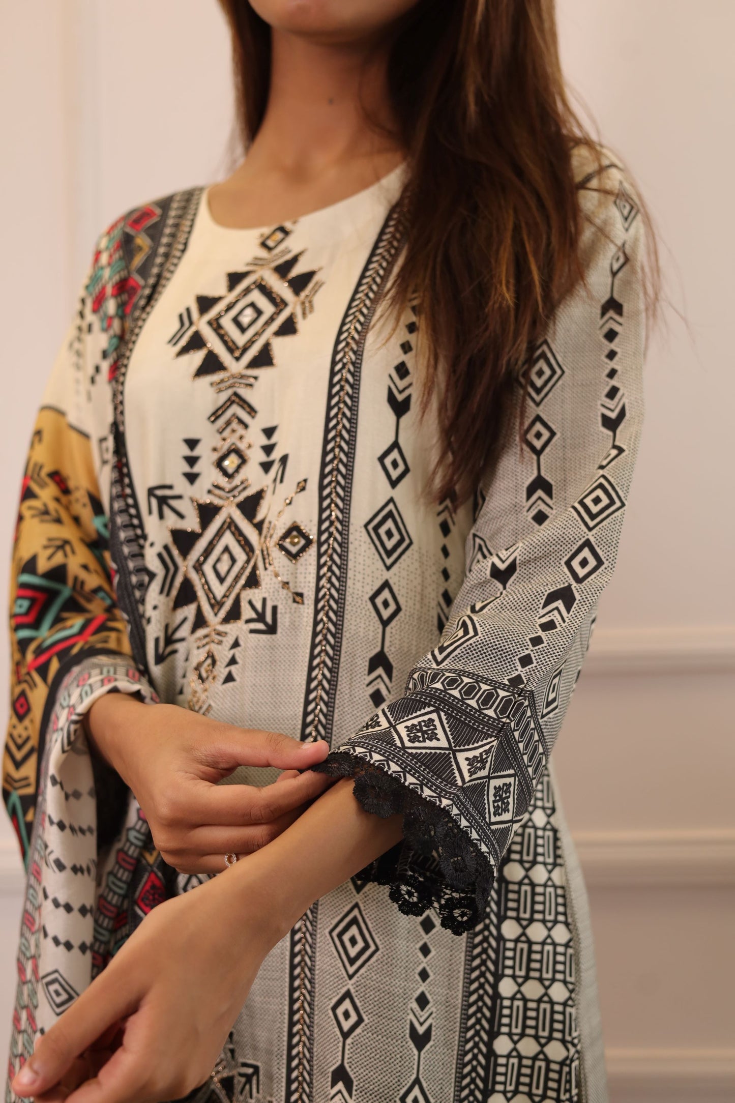 Pakistani Inspired Lace work Suit set ( Black & White) - Set of 3