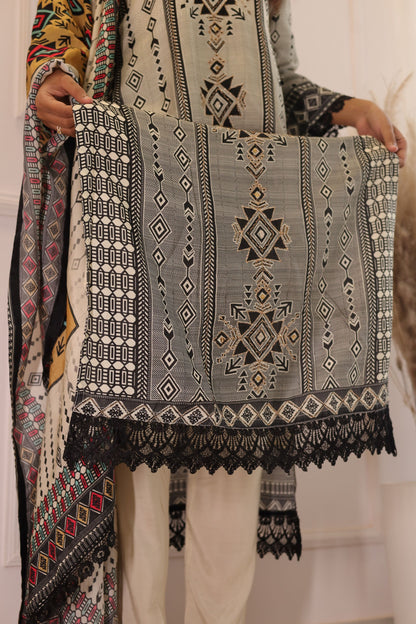 Pakistani Inspired Lace work Suit set ( Black & White) - Set of 3