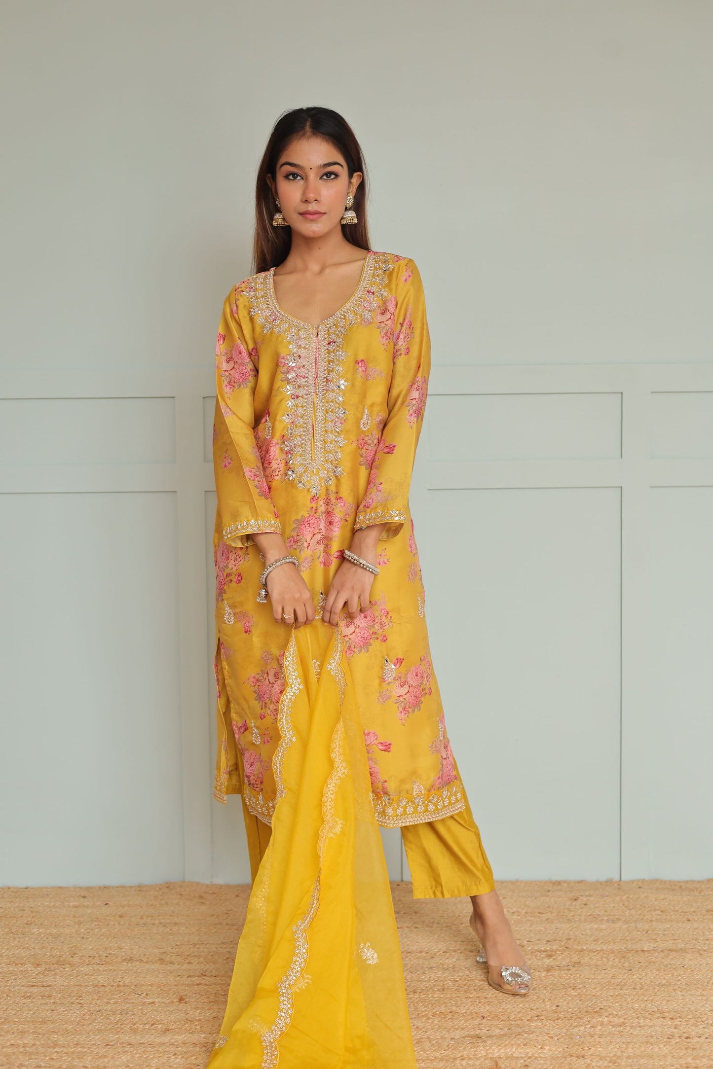 Yellow Organza pearl work Suit set ( Yellow) - Set of 3