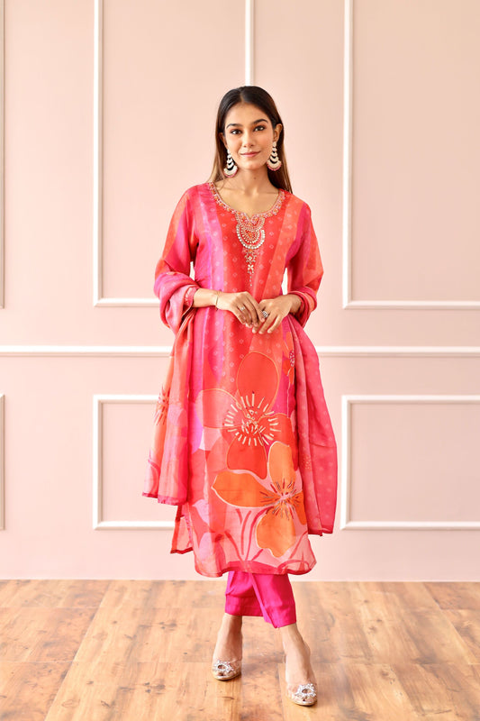 Hot Pink Mirror work and Cutdana work suit (Hot Pink) -Set of 3