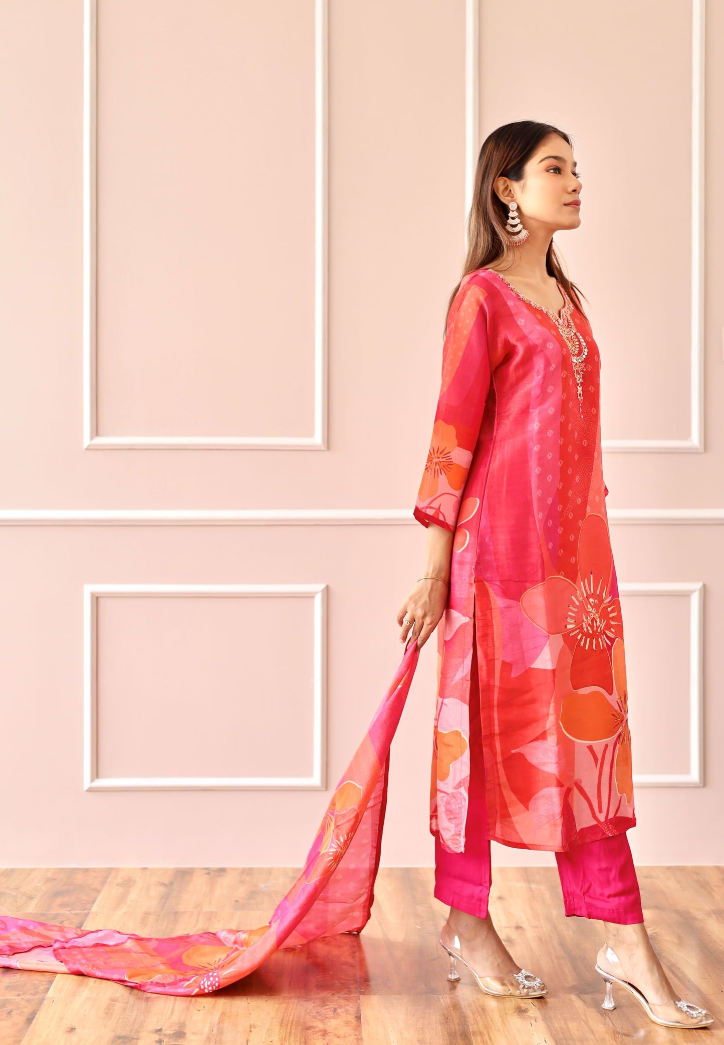 Hot Pink Mirror work and Cutdana work suit (Hot Pink) -Set of 3
